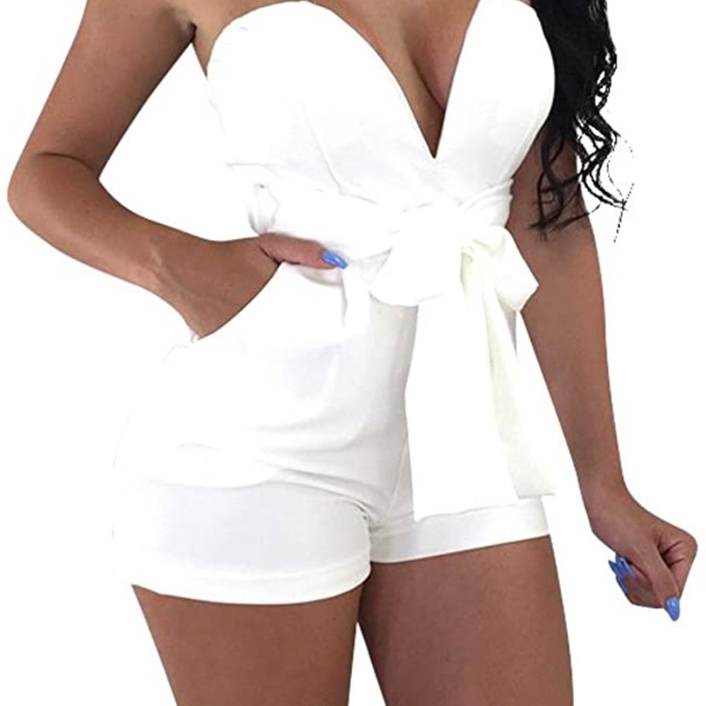 Sexy Deep V-Neck High Waist Belt Club Romper Short - Picture 2 of 4